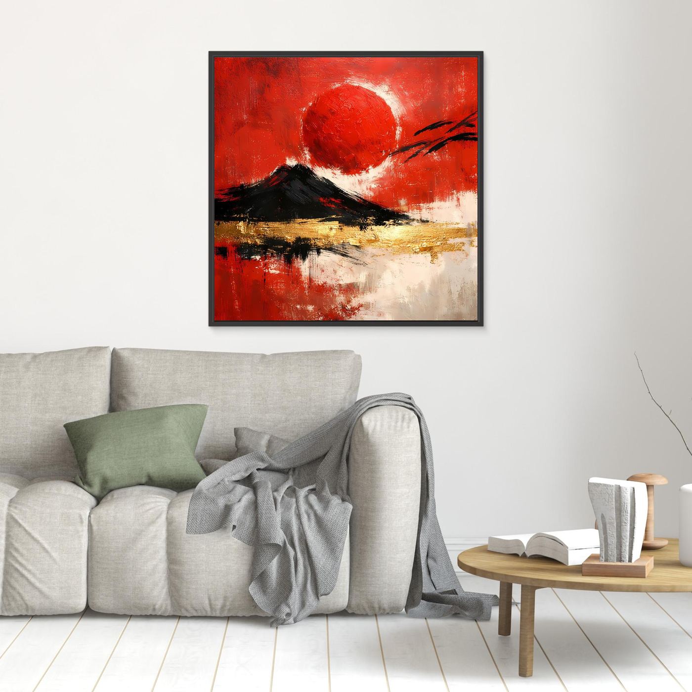 Leinwand Abstraktes Japan Wandbild in Rot und Gold | Modernes Fuji & Rote Sonne Gemälde