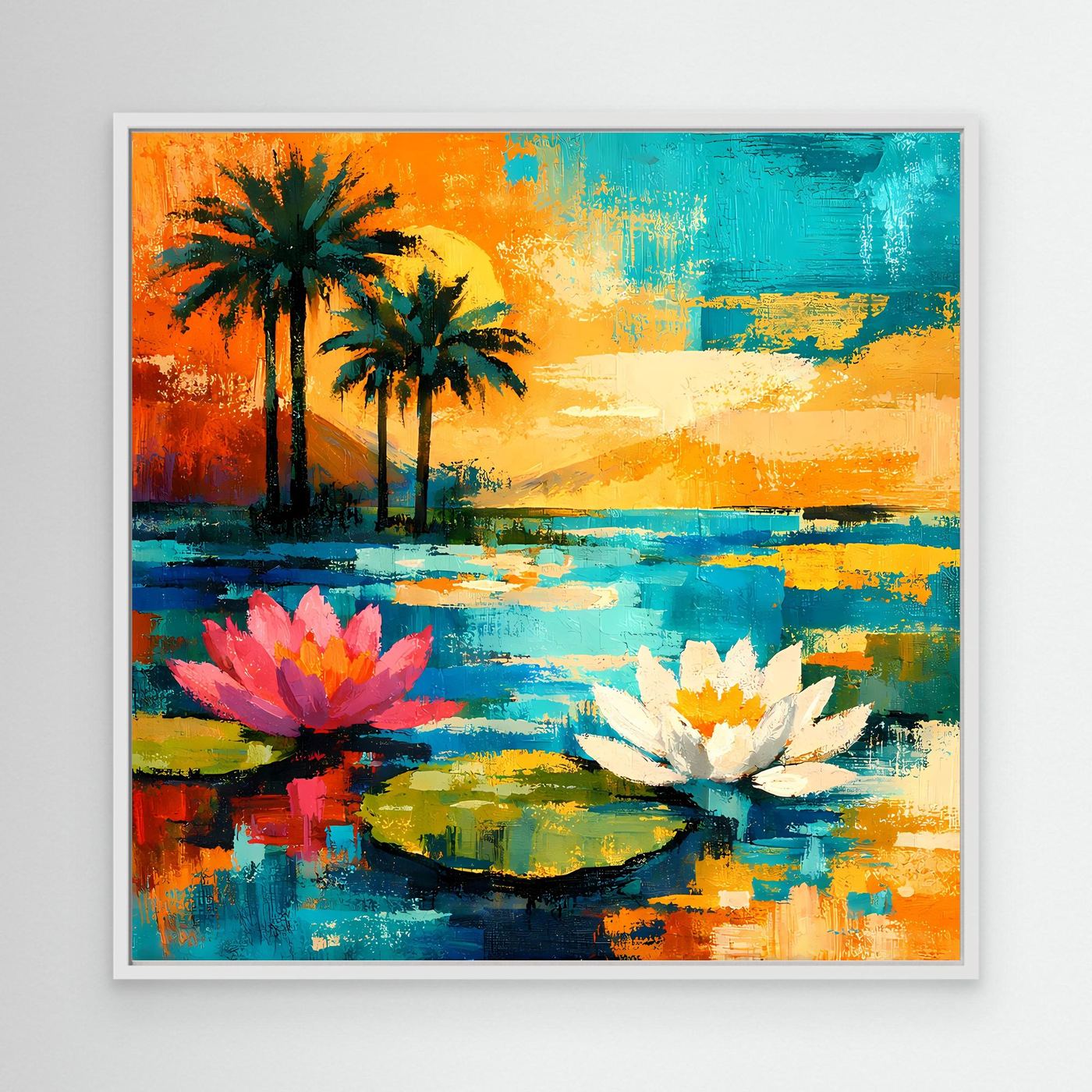 Abstraktes Leinwandbild mit Palmen, Seerosen und Wasserflächen in Blau/Orange, ohne Rahmen