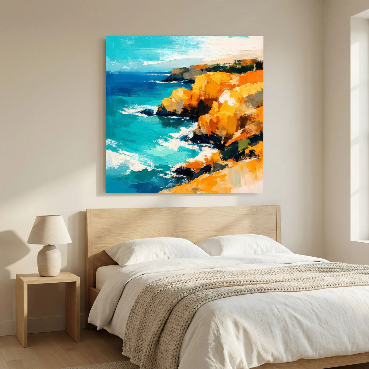 Leinwand Abstraktes Steilküsten Gemälde | Modernes Mediterranes Meeres Wandbild Blau Gelb