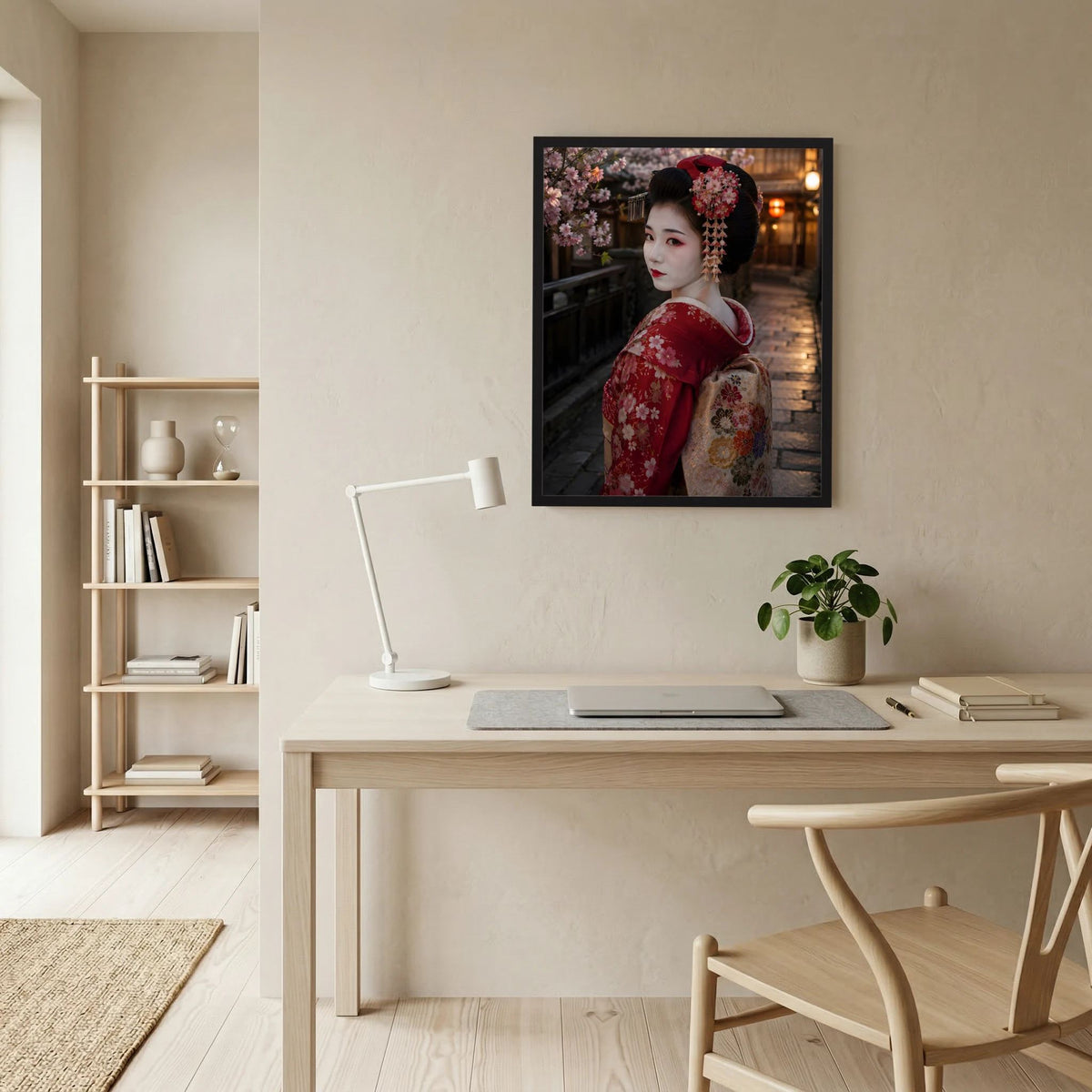Wandposter im Hochformat: Geisha im roten Kimono, Blick zur Seite
