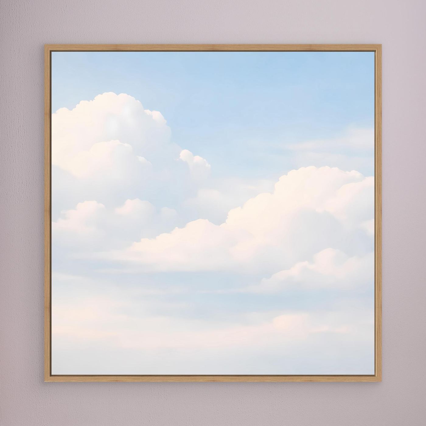 Quadratisches Leinwandbild mit Wolkenmotiv im pastelligen Himmel, brauner Holzrahmen