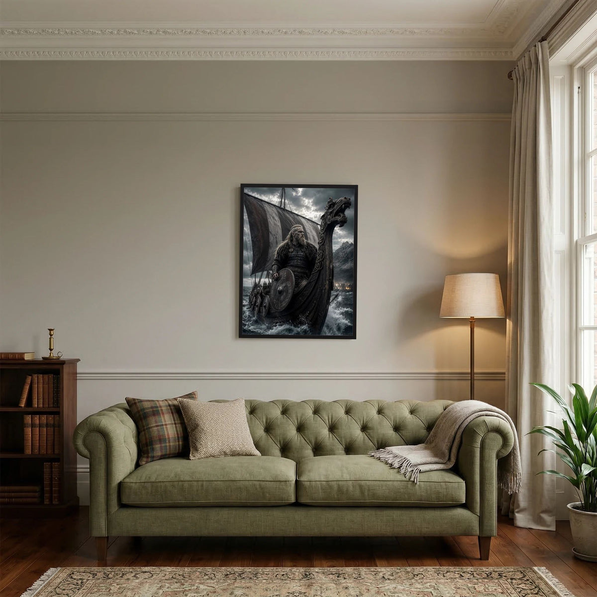 Wandposter mit Wikinger-Krieger auf Drachenschiff, in dunkler Sturm-See-Optik