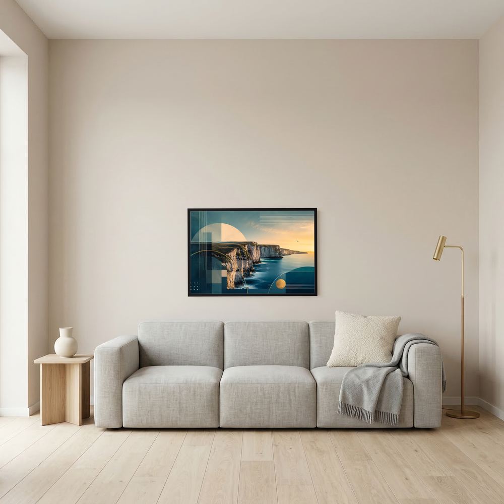 Kleines Querformat-Poster mit abstrakter Küstenlandschaft, Teal- und Goldtönen, dunkler Rahmen