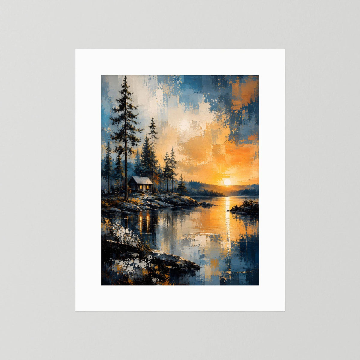Naturposter mit abstrakter Waldlandschaft, Hütte am Wasser und Sonnenuntergang, weißer Rand