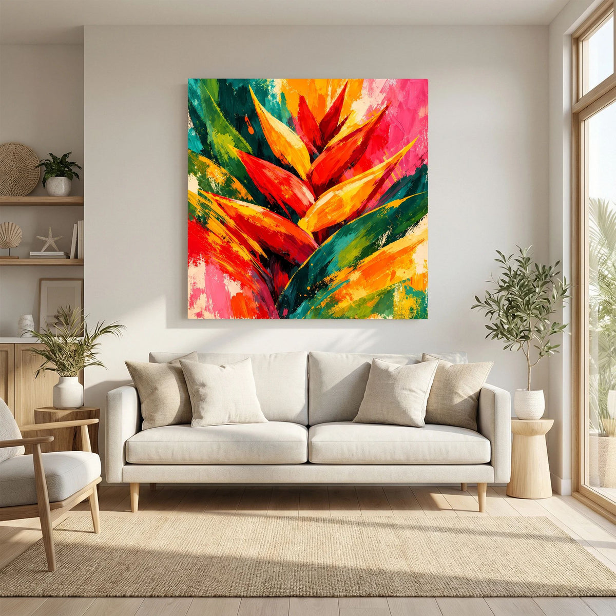 Leinwand Abstrakte Helikonie Blüte | Modernes Tropen Wandbild Bunt Exotisch