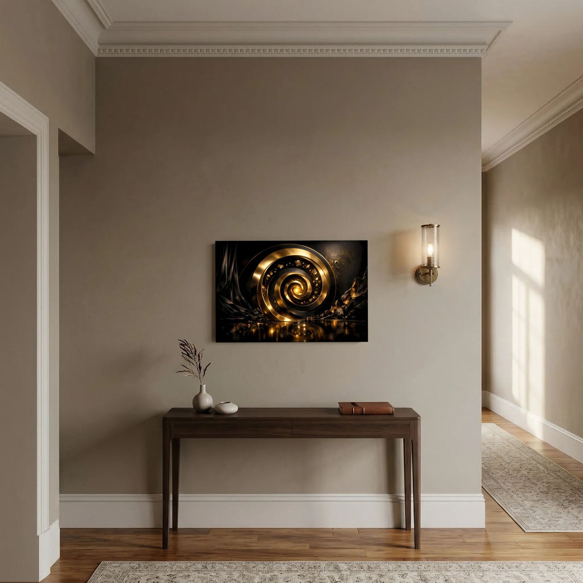 Wandbild im Querformat mit goldener 3D-Spirale, schwarzer Tiefe und reflektierender Oberfläche
