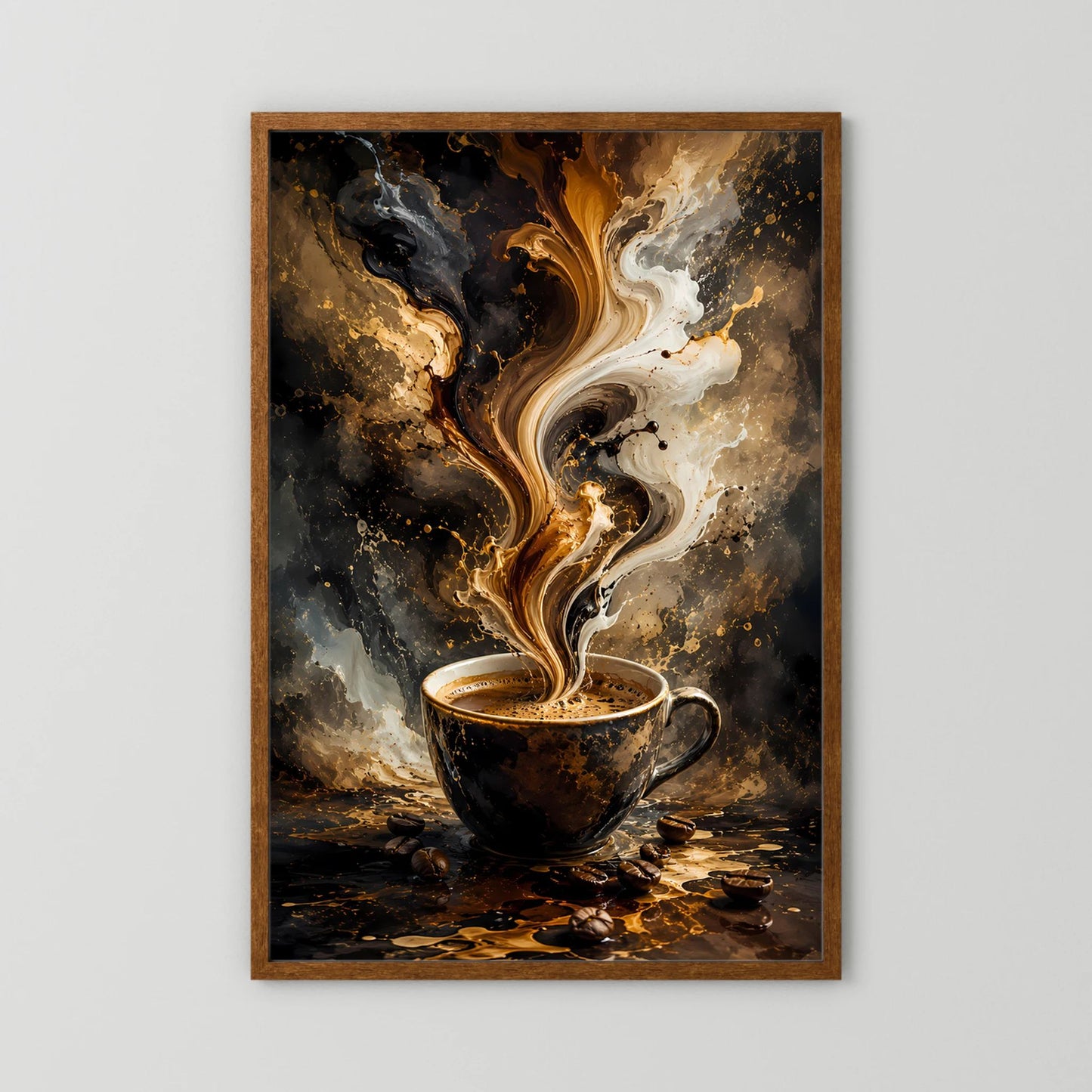 Abstraktes Kaffee-Poster im braunen Holzrahmen, goldene Wirbel über schwarzer Tasse