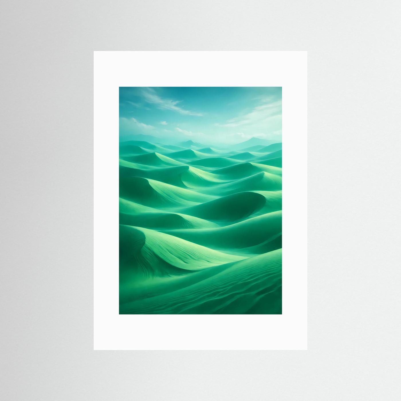 Abstraktes Dünen-Poster im Hochformat in Grün und Mint, ohne Rahmen mit weißem Rand