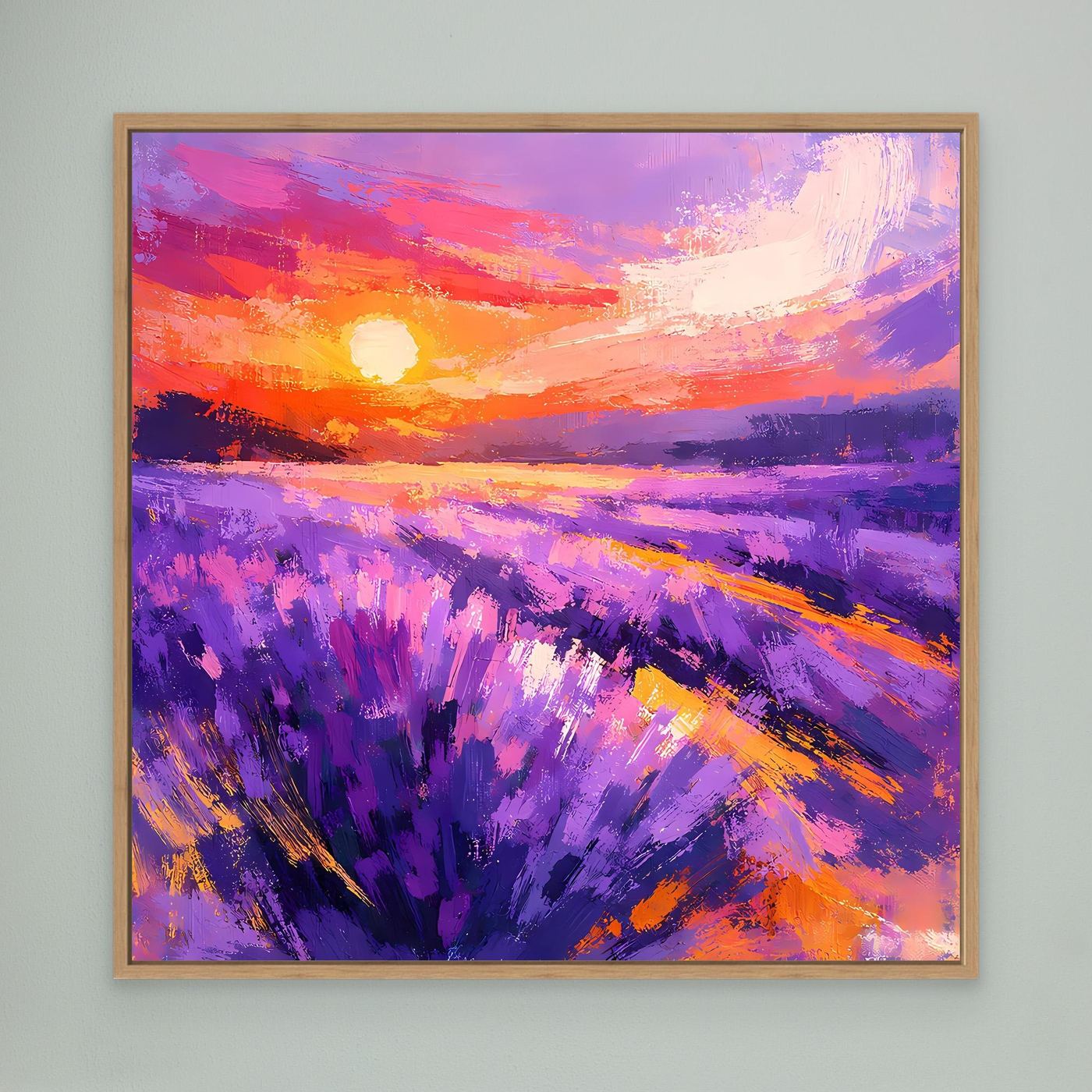 Abstract lavender field sunset canvas wall art with oak frame and purple brushstrokes