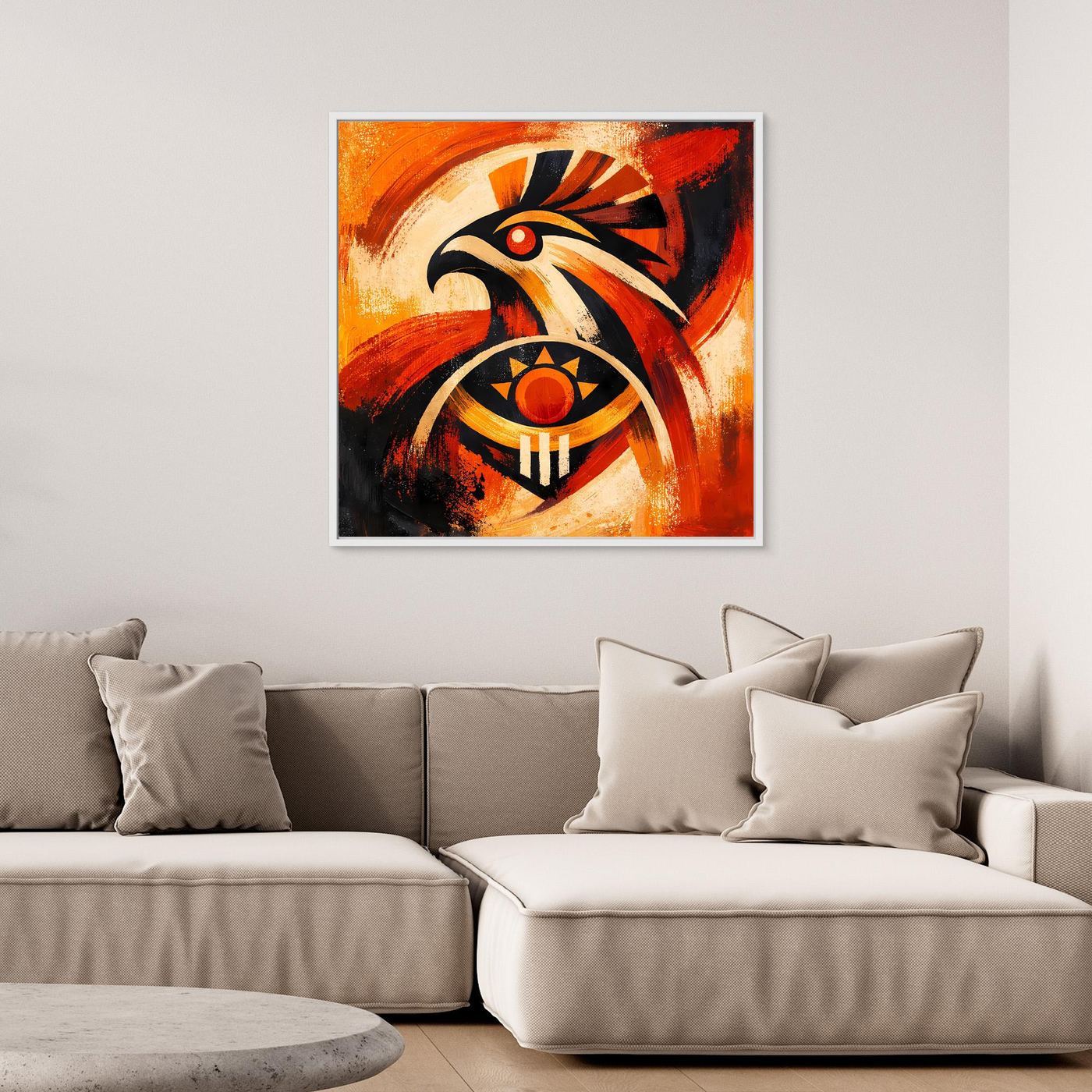 Leinwand-Wandbild: stilisierter Falke mit Sonnensymbol, schwarz-orange, schwarzer Rahmen