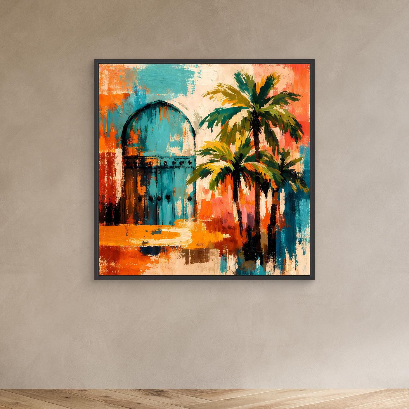 Leinwandbild mit abstraktem Tor und Palmen, schwarzer Rahmen, türkis, orange und gelbgrün