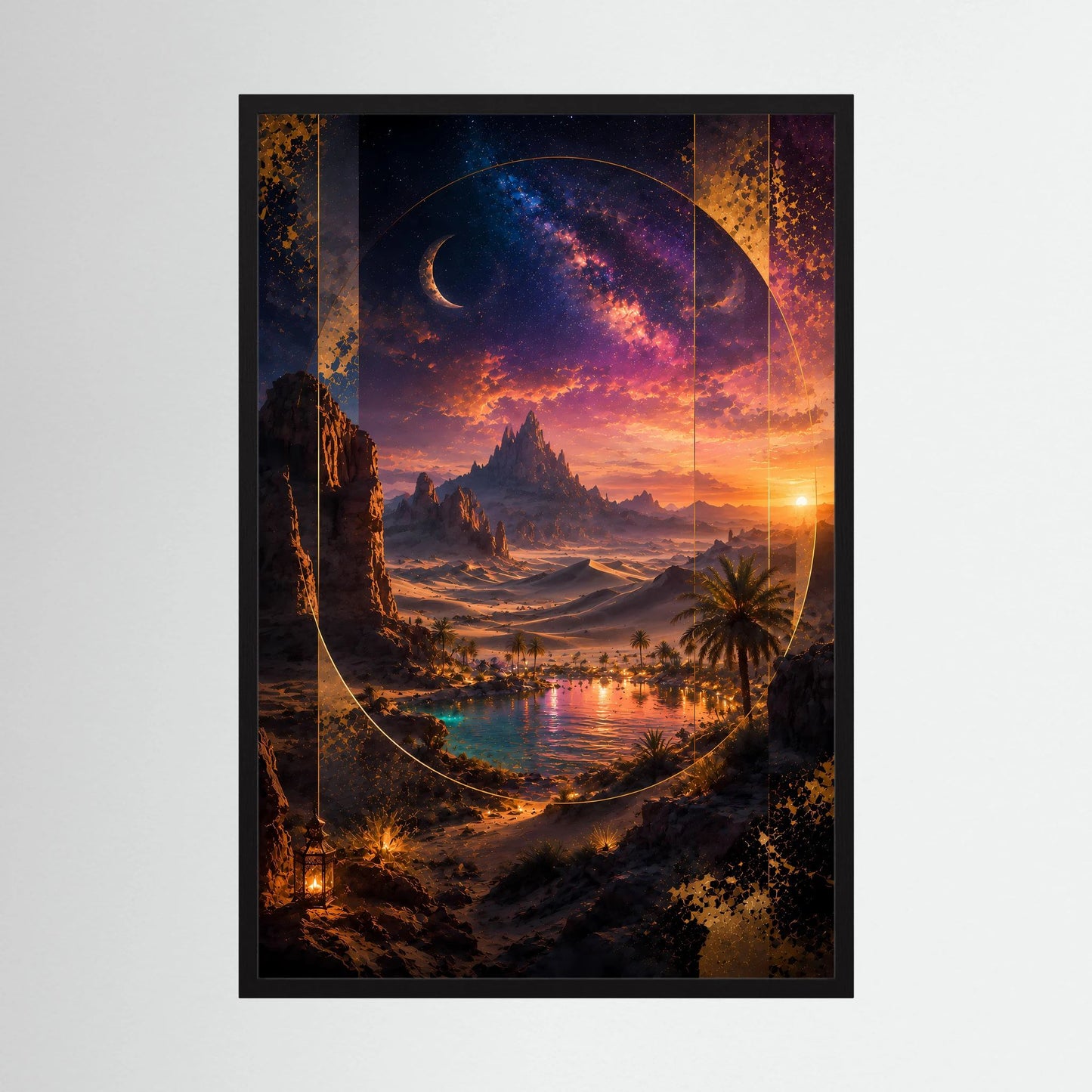 Hochformat-Poster mit Wüstenlandschaft bei Sonnenuntergang, im schwarzen Rahmen.