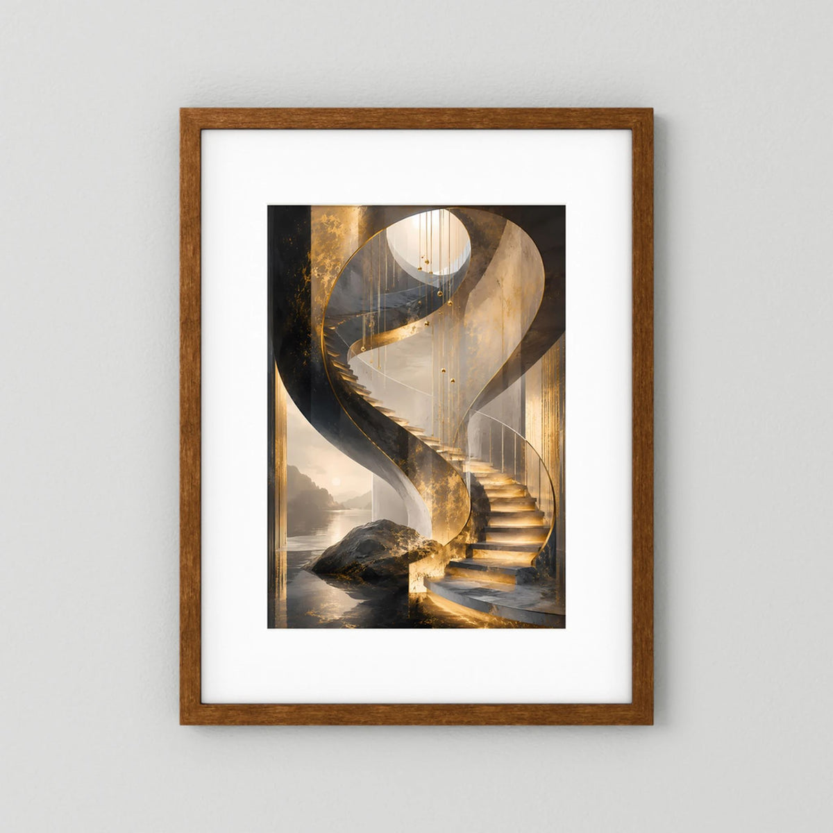 Poster im Hochformat mit Holzrahmen, abstrakte goldene Spiraltreppe im Bildzentrum