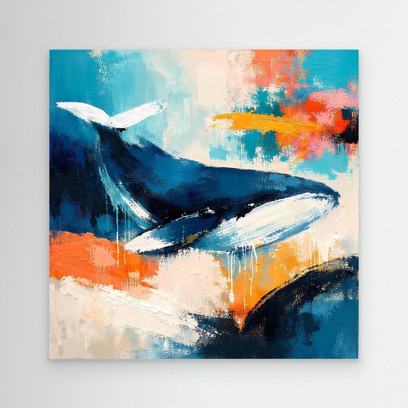 Leinwand-Wandbild mit abstraktem Wal in Blau, Türkis und Orange, ohne sichtbaren Rahmen