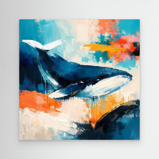 Leinwand-Wandbild mit abstraktem Wal in Blau, Türkis und Orange, ohne sichtbaren Rahmen