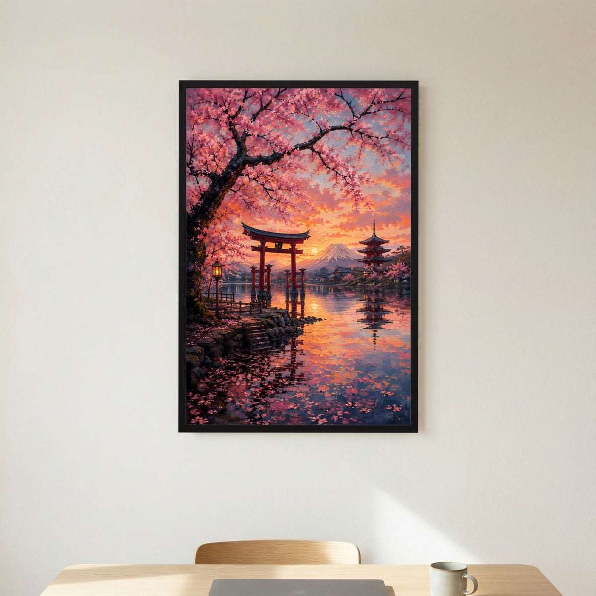 Hochformat-Poster mit Kirschblüten, Torii und Fuji im Sonnenuntergang, schwarzer Rahmen
