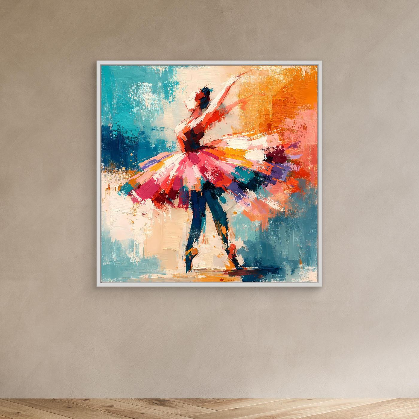 Abstract ballerina wall art in a white frame, red tutu dancer with teal, blue, and orange