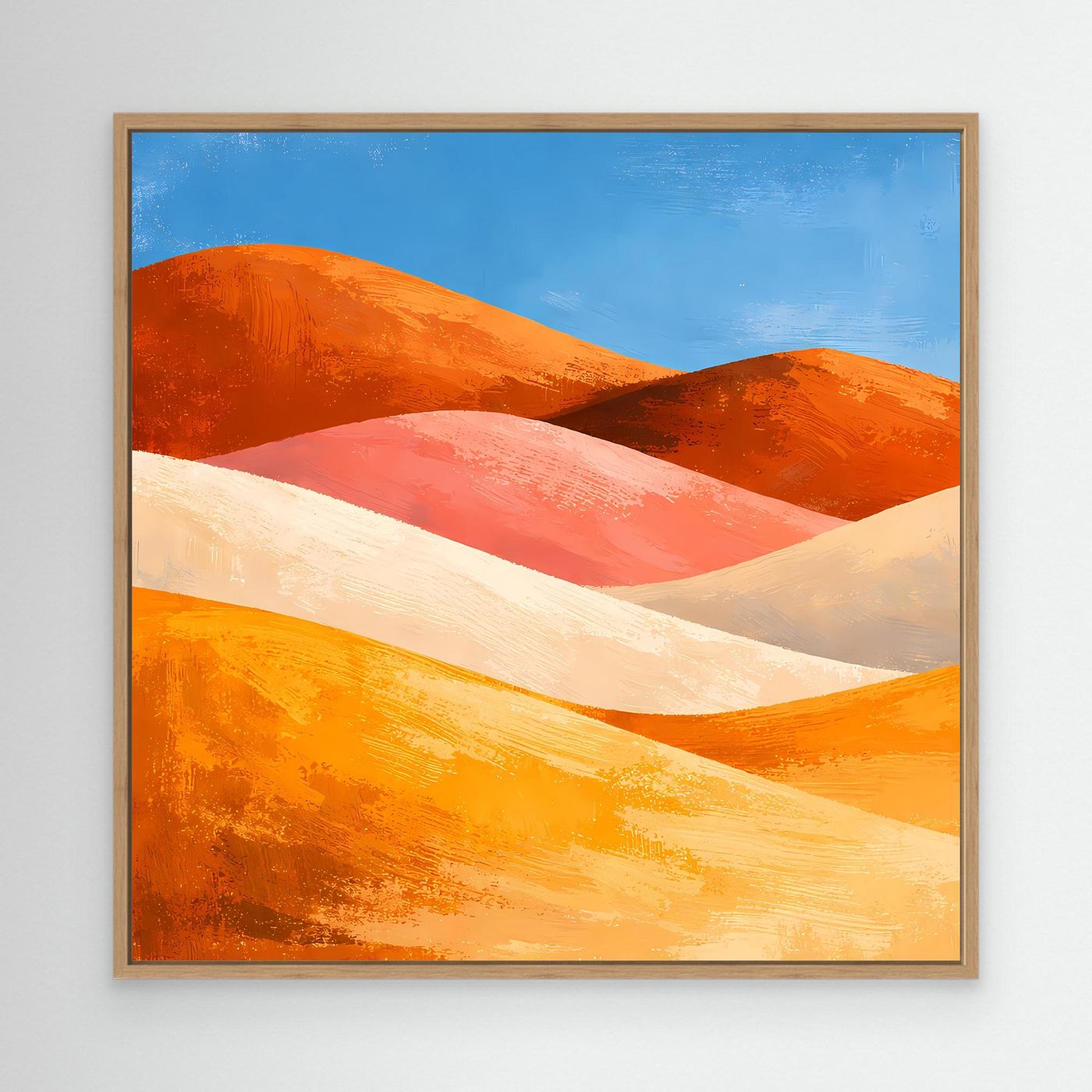Leinwand-Wandbild mit Holzrahmen und abstrakten Wüsten-Dünen in Orange, Rot und Beige