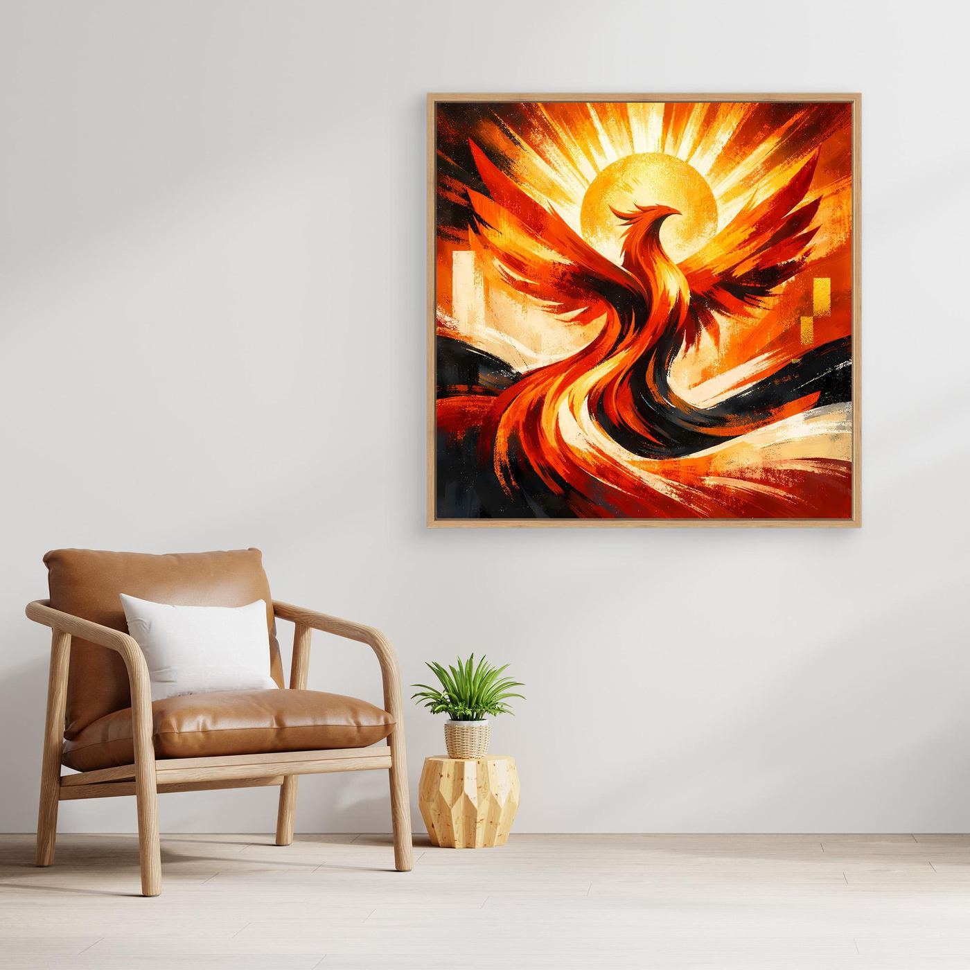 Leinwandbild: Phönix-Flammenmotiv in Gelb, Orange und Rot, Rahmen dunkel