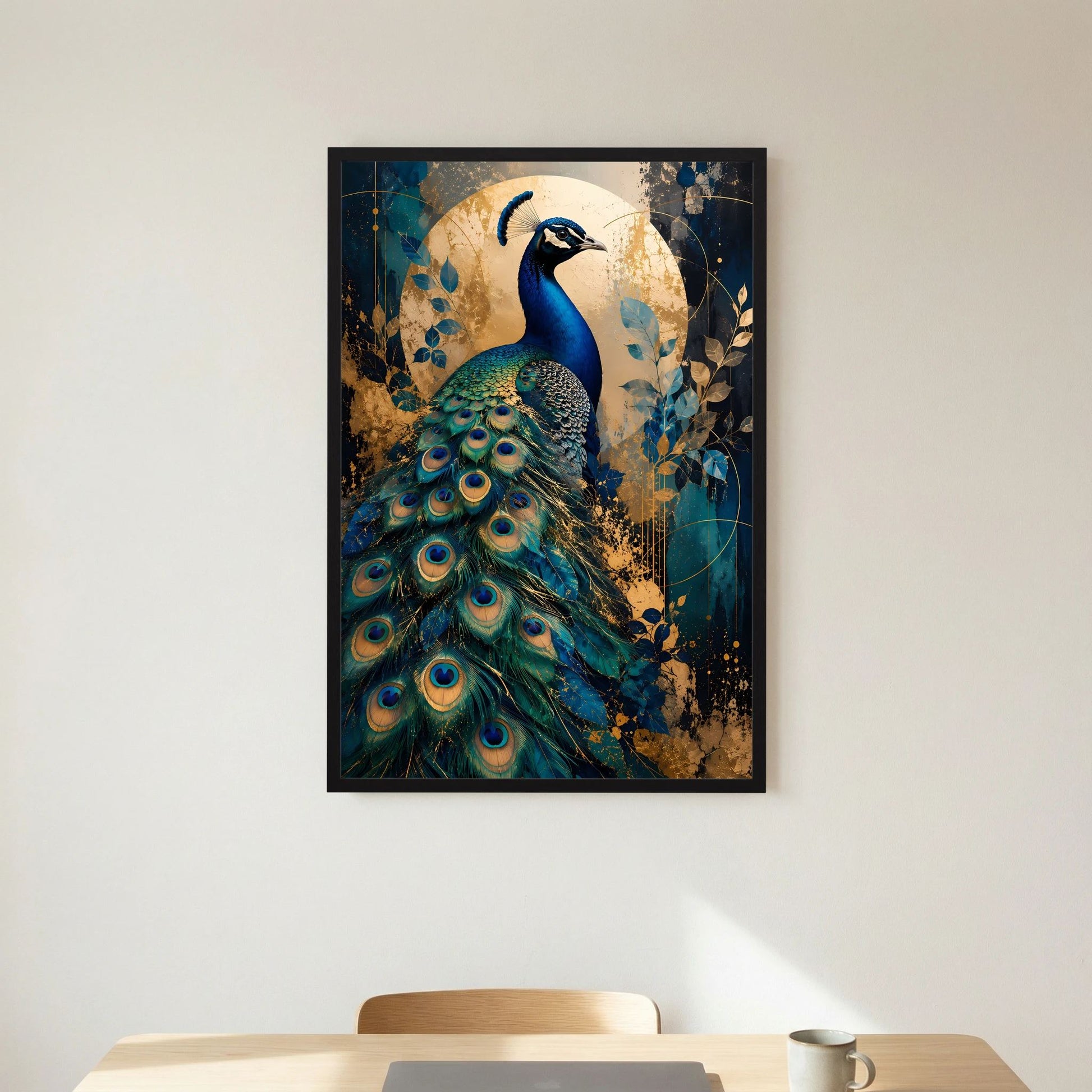 Pfau-Poster im schwarzen Rahmen, blau-goldene Tierkunst mit Kopf und Fächer