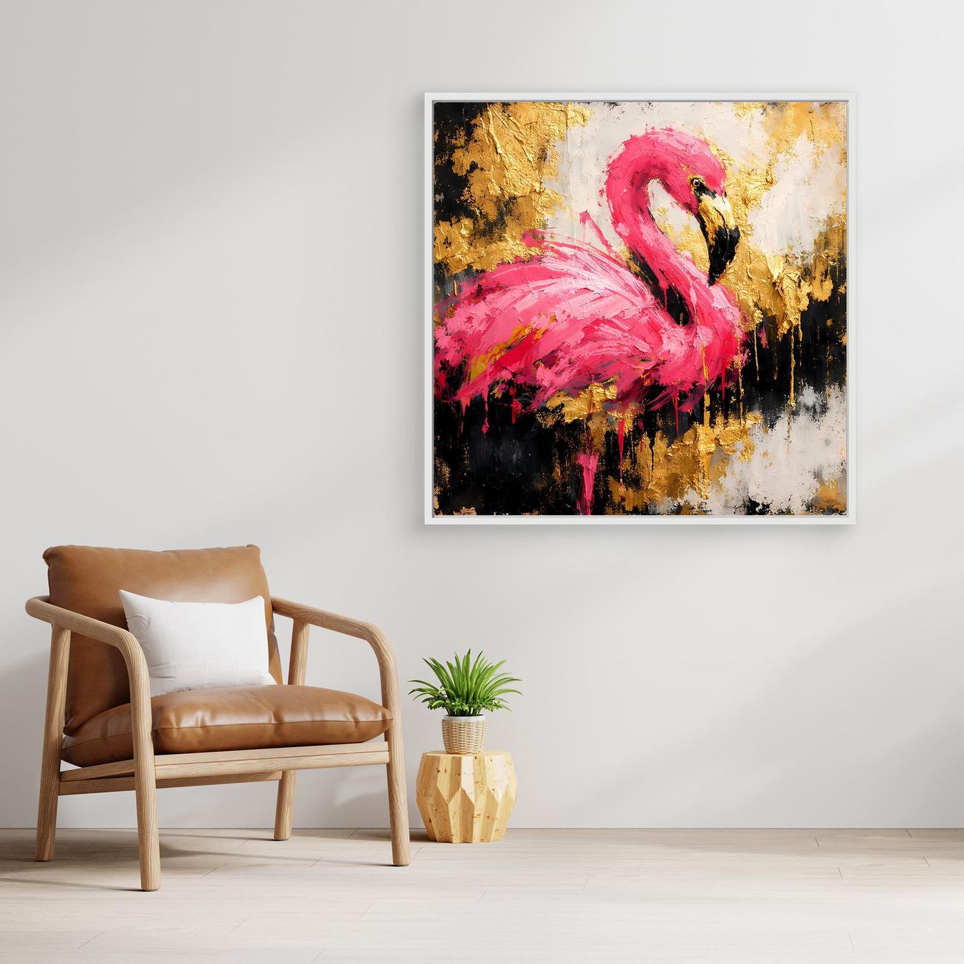 Leinwand Eleganter Flamingo in Pink und Gold | Abstraktes Modernes Tier Wandbild