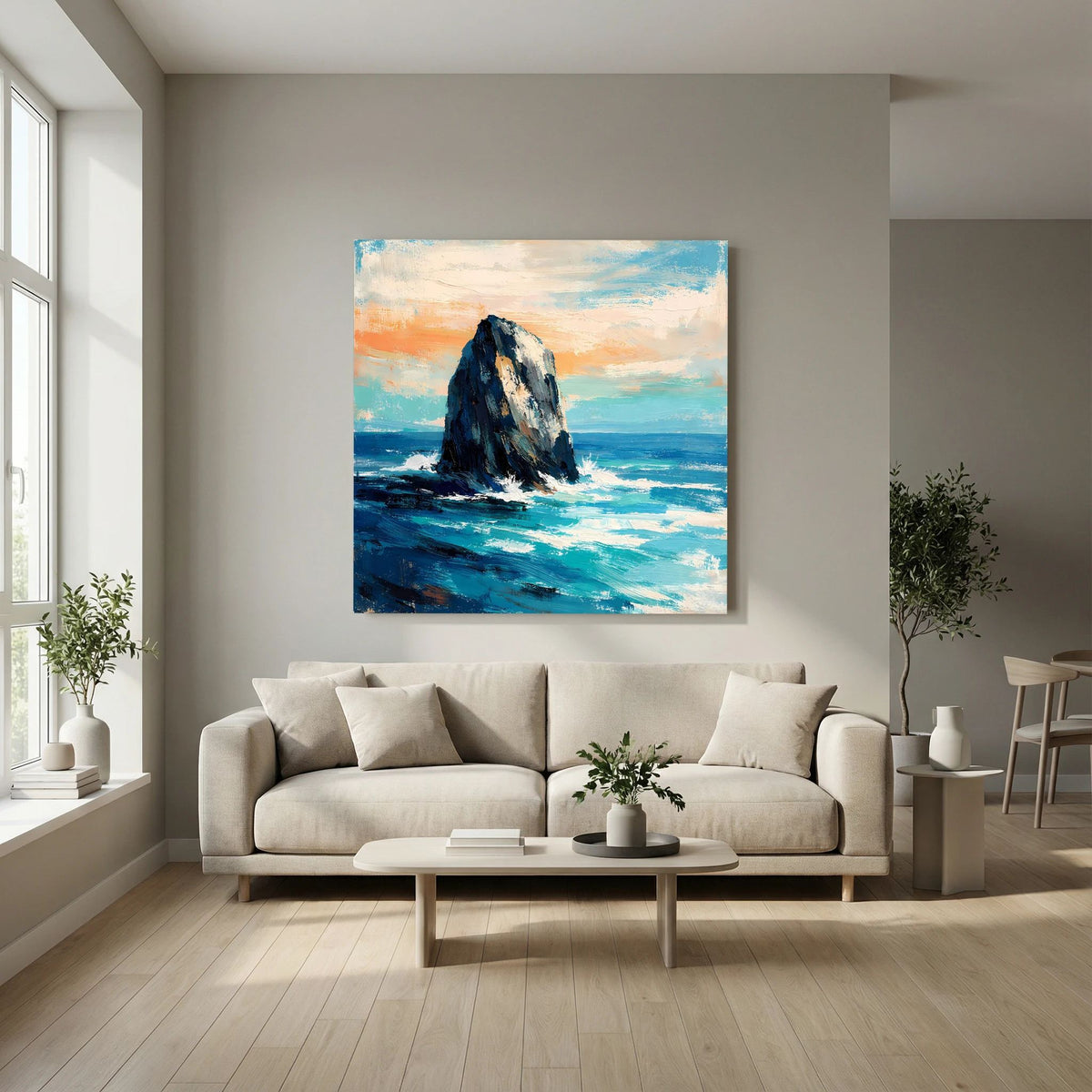 Leinwand-Wandbild mit Felsen und Brandung, türkisfarbene Wellen, orangefarbener Himmel