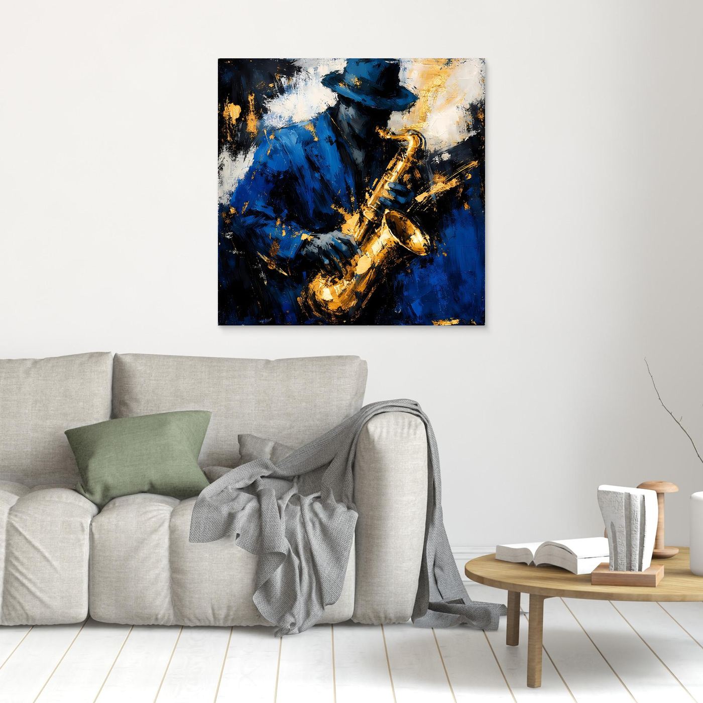 Leinwand Eleganter Jazz-Saxophonist in Blau und Gold | Abstraktes Musik Wandbild