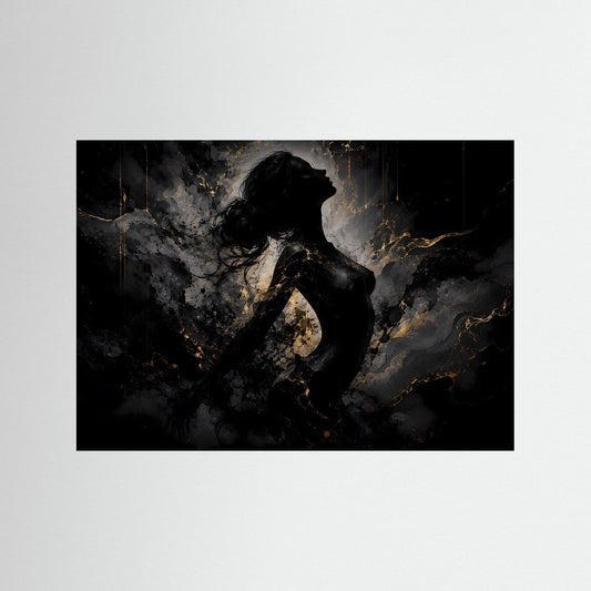 Abstraktes Wandbild mit schwarzer Frauensilhouette und goldenen Akzenten, schwarzer Rahmen