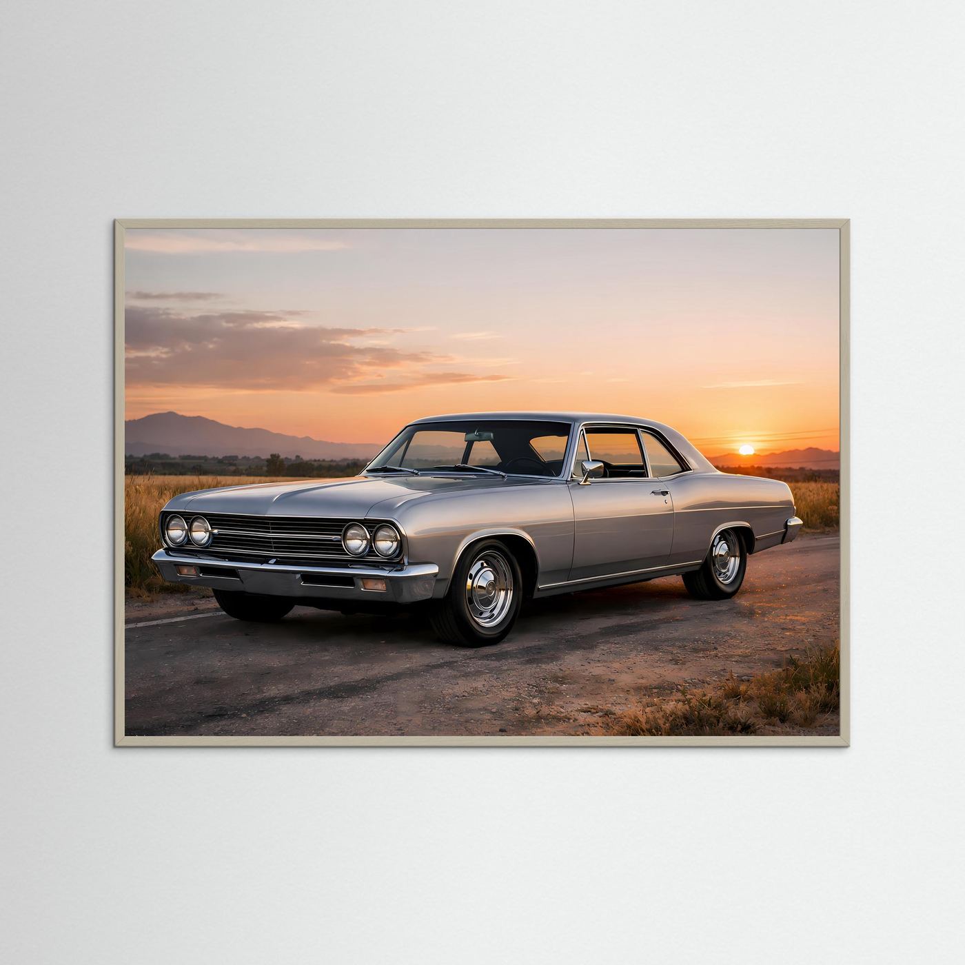 Poster im Querformat mit silbernem US-Oldtimer im grauen Rahmen