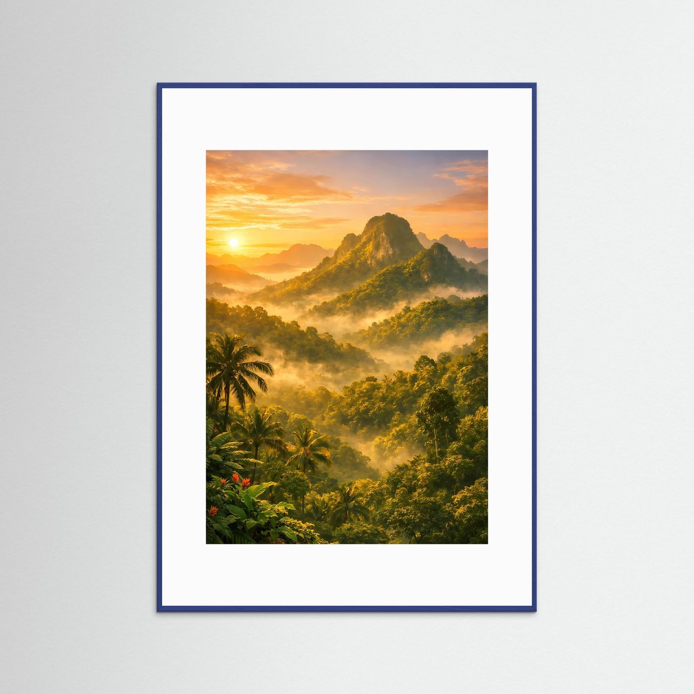 Vertikales Berg-Poster mit Dschungel und Sonnenaufgang im blauem Rahmen