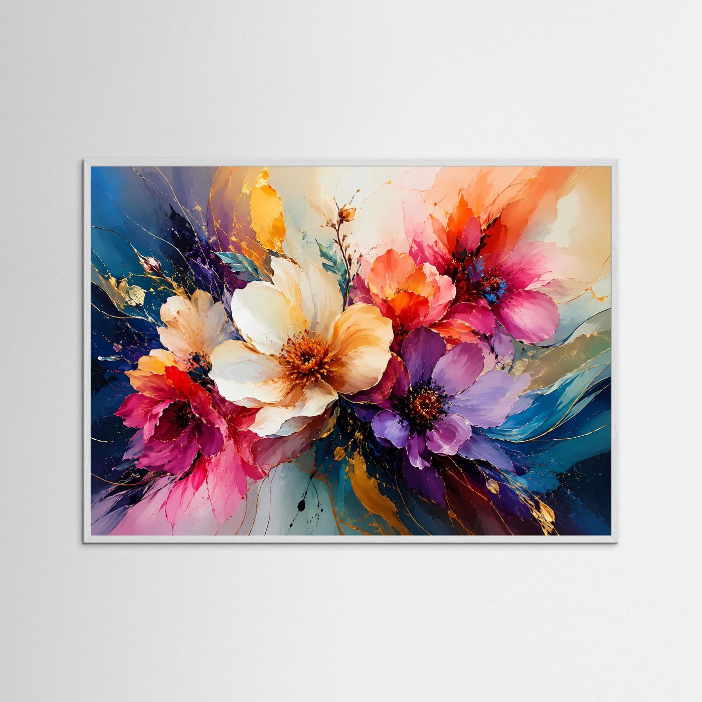Bunter Blumentraum in Aquarell & Gold | Modernes Blumen-Poster & Kunst-Wandbild