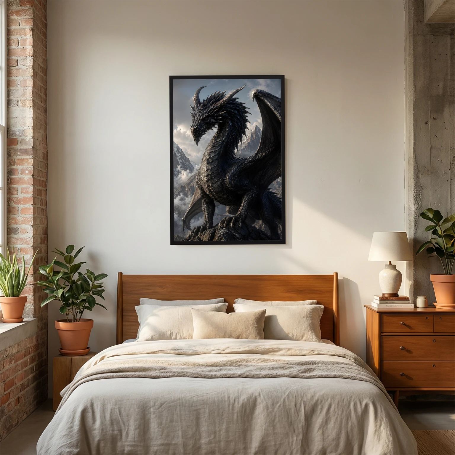 Fantasy-Drachenposter mit schwarzem Drachen, Berglandschaft, schwarzer Rahmen