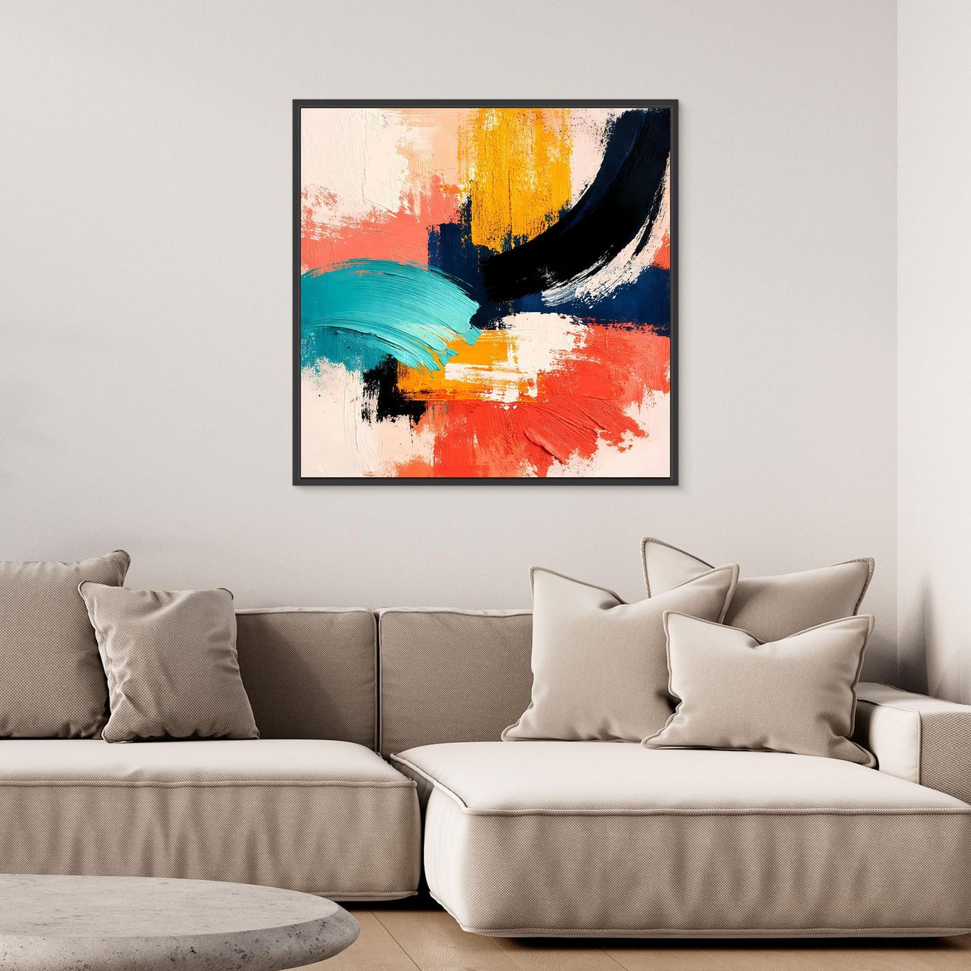 Black-framed abstract wall art canvas with white, teal, orange, yellow, and dark navy brush strokes