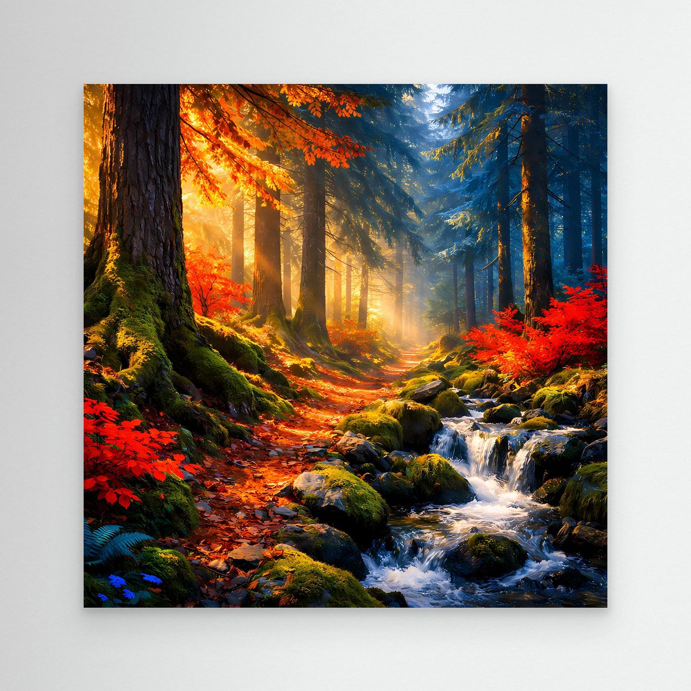 Wandbild Leinwand ohne Rahmen: Herbstwald mit Sonnenstrahlen und Bach über Felsen