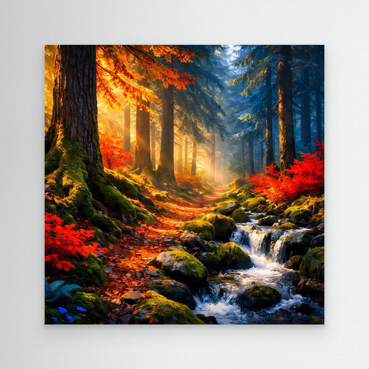 Wandbild Leinwand ohne Rahmen: Herbstwald mit Sonnenstrahlen und Bach über Felsen