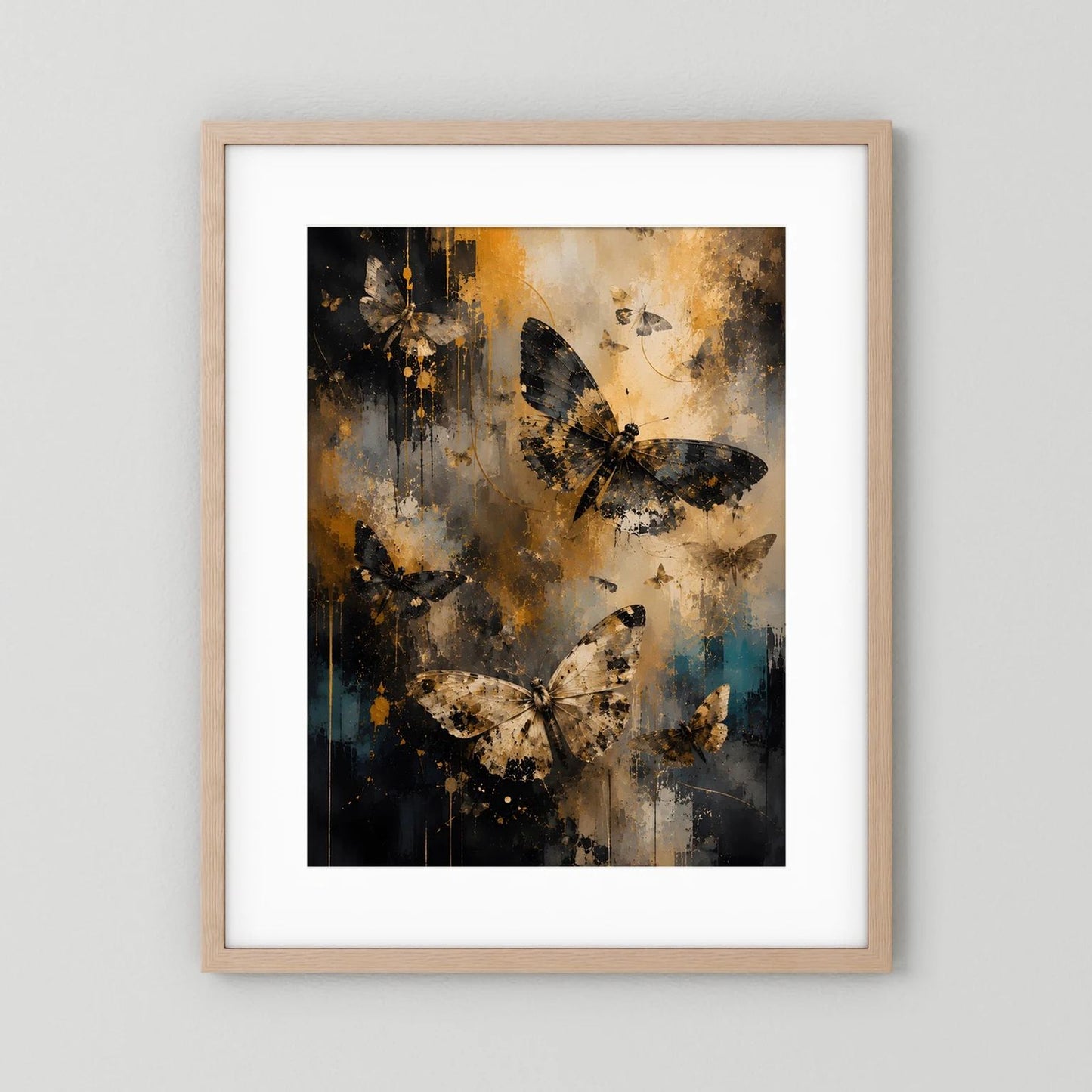 Wandbild mit abstrakten Schmetterlingen, hellerer Holzrahmen mit weißem Rand, Schwarz-Gold