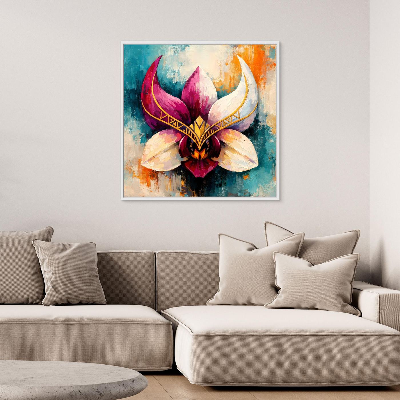 Premium Leinwand Mystische Orchideen-Maske in Gold | Abstraktes Florales Wandbild im Fantasy-Stil