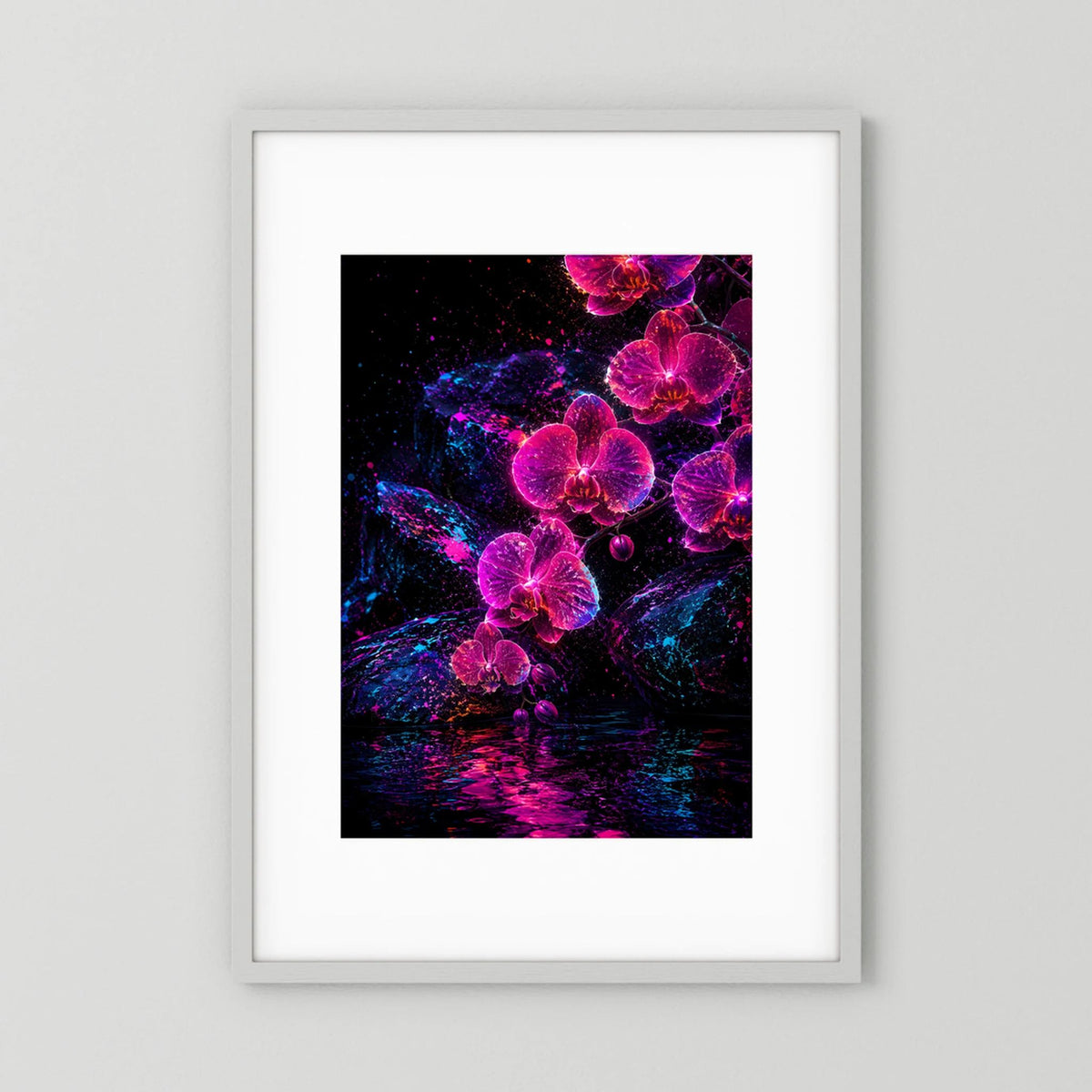 Leuchtendes Orchideen-Kunstposter, pinke & violette Blüten auf dunklem Grund