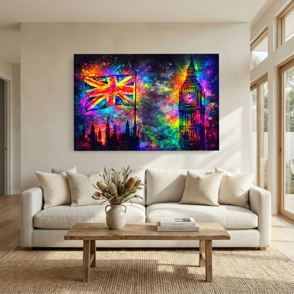 Neonfarbenes Pop-Art-Wandbild im Querformat mit Big Ben und Union-Jack-Flagge