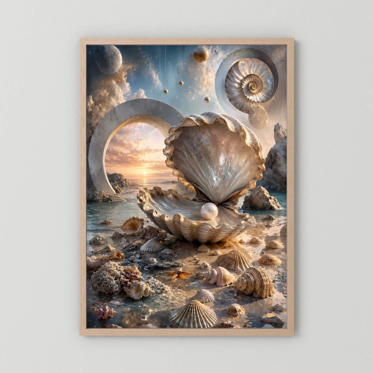 Hochformat-Poster mit Muschelmotiv in Creme und Gold, hellbrauner Holzrahmen