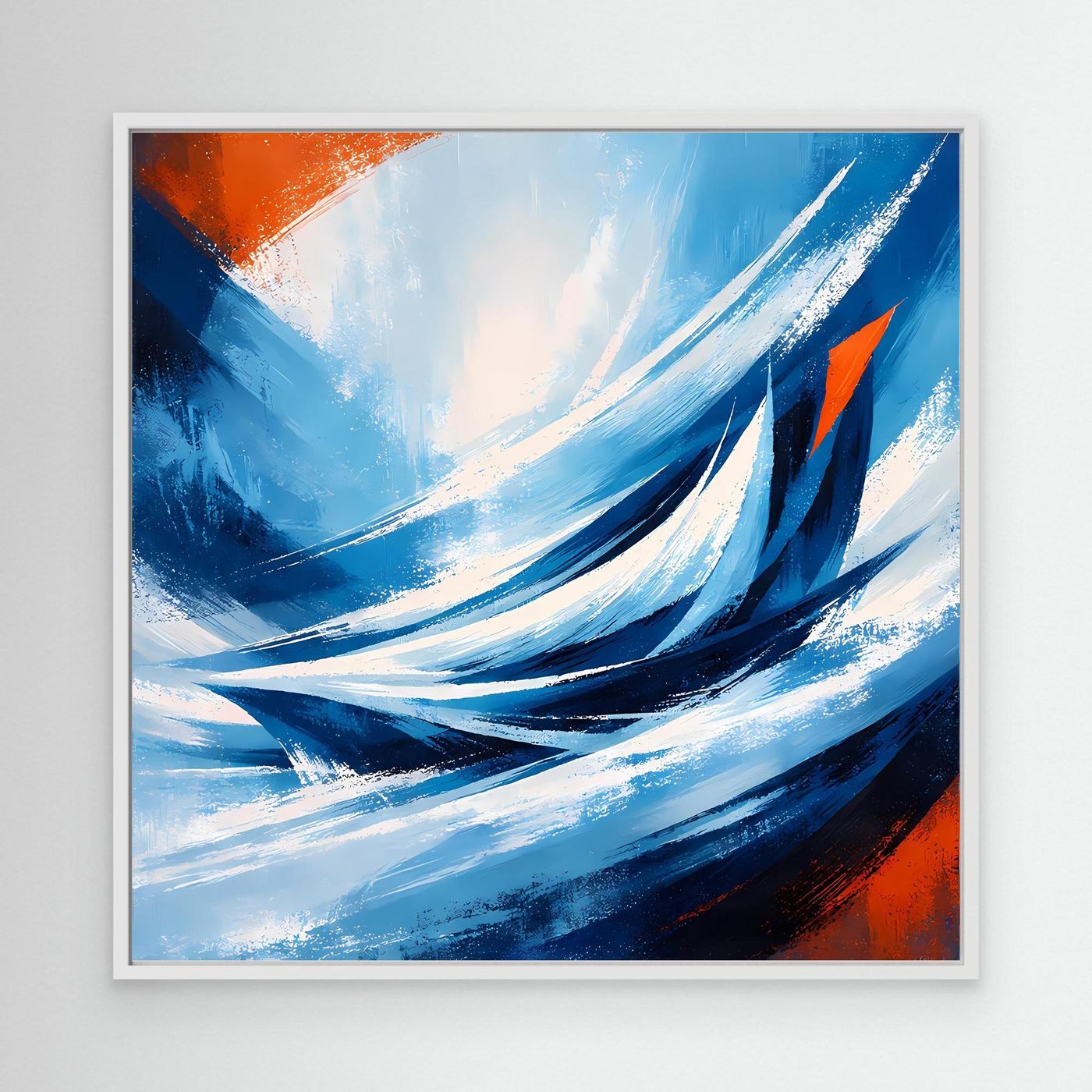 Leinwandbild mit abstrakten Wellen in Blau und Weiß, orange Akzente im weißen Rahmen