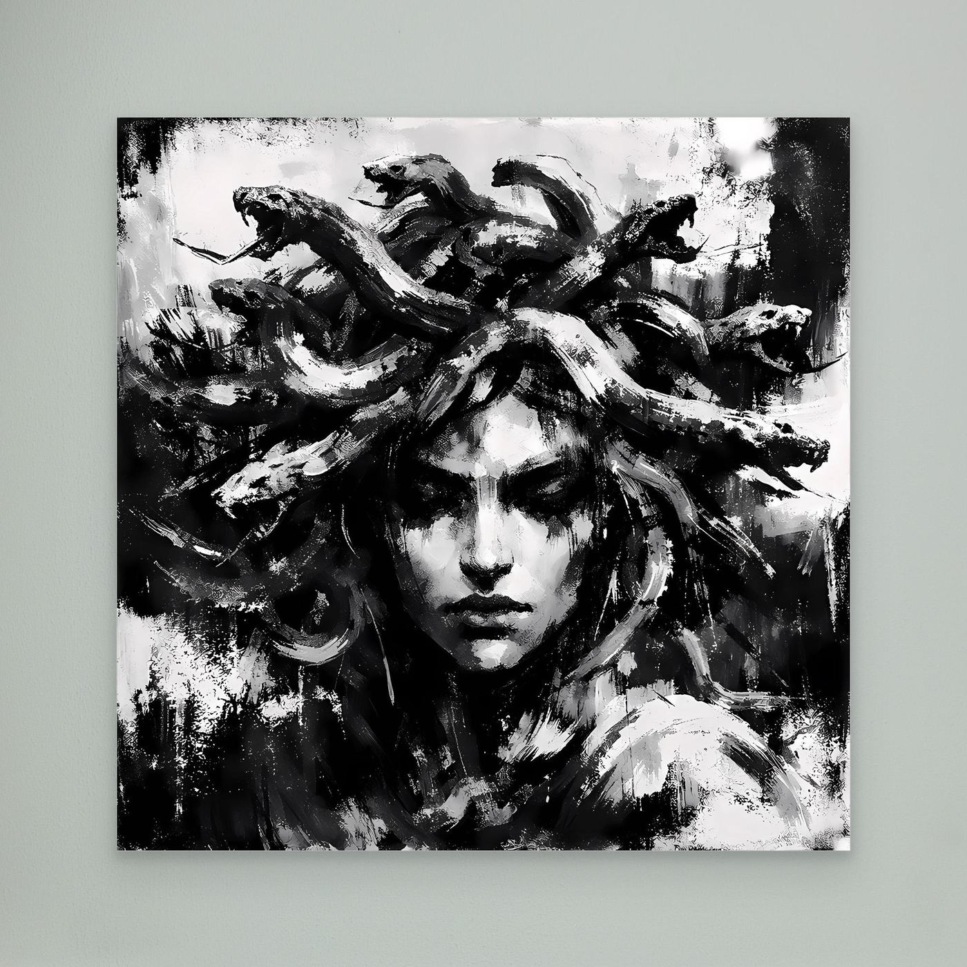 Unframed abstract Medusa portrait canvas in black and white, full hair swirl composition.