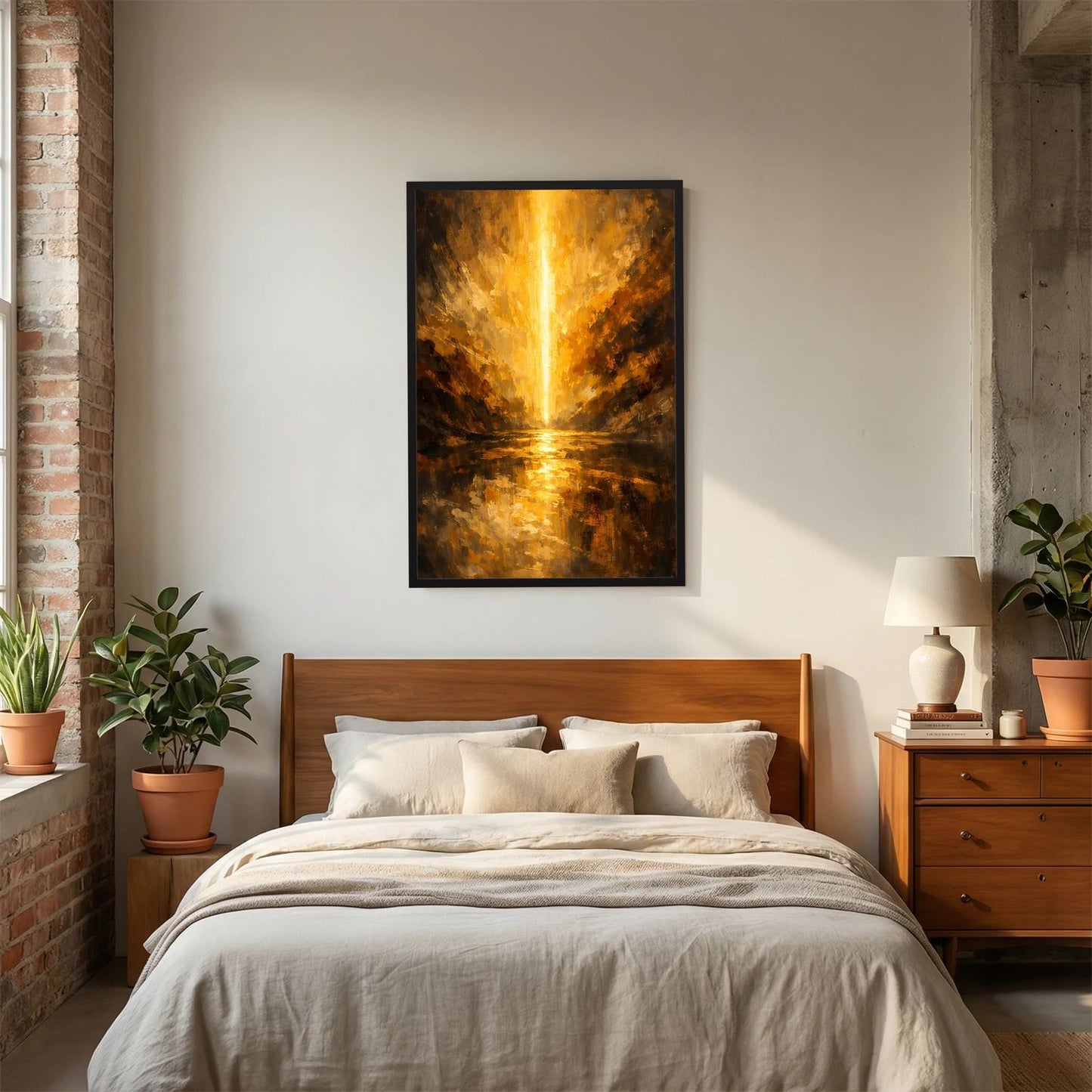 Wandposter mit schwarzem Rahmen, goldene Schluchtform mit zentralem Lichtstrahl und Reflexen