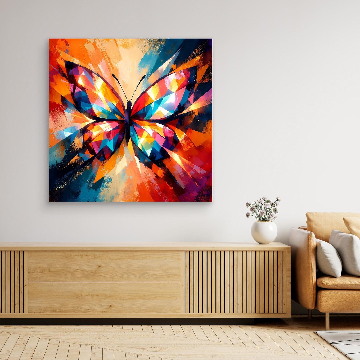 Abstraktes Schmetterlingswandbild auf Leinwand, heller Holzrahmen