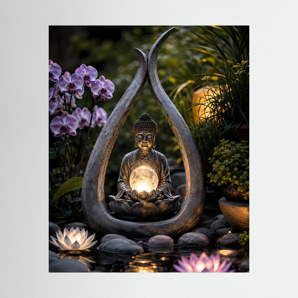Spirituelles Hochformat-Poster mit Buddha, leuchtender Lichtkugel und Lotus im Zen-Garten