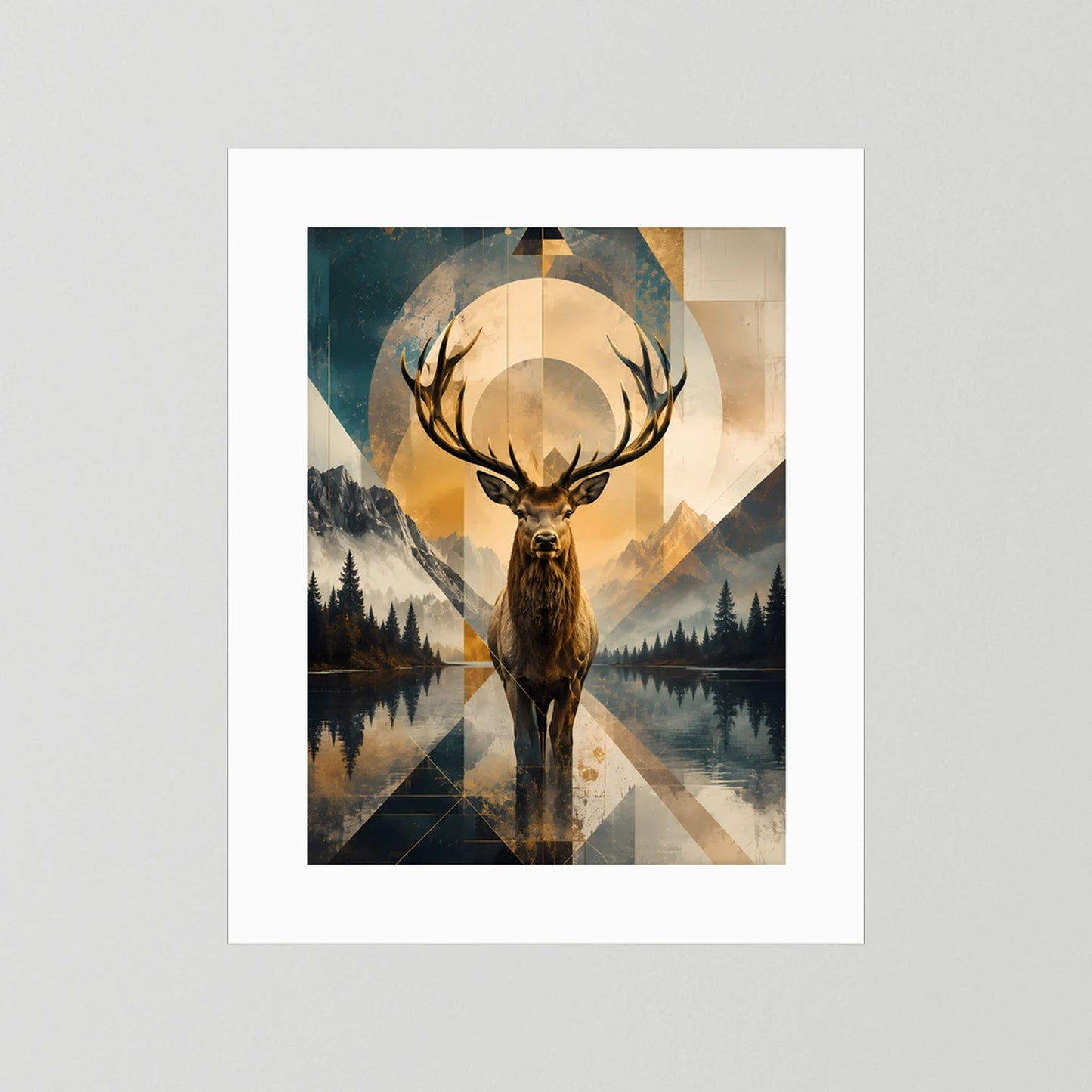 Poster im Hochformat mit Hirschmotiv, geometrische Berge und goldenem Farbkonzept, weiß gerahmt