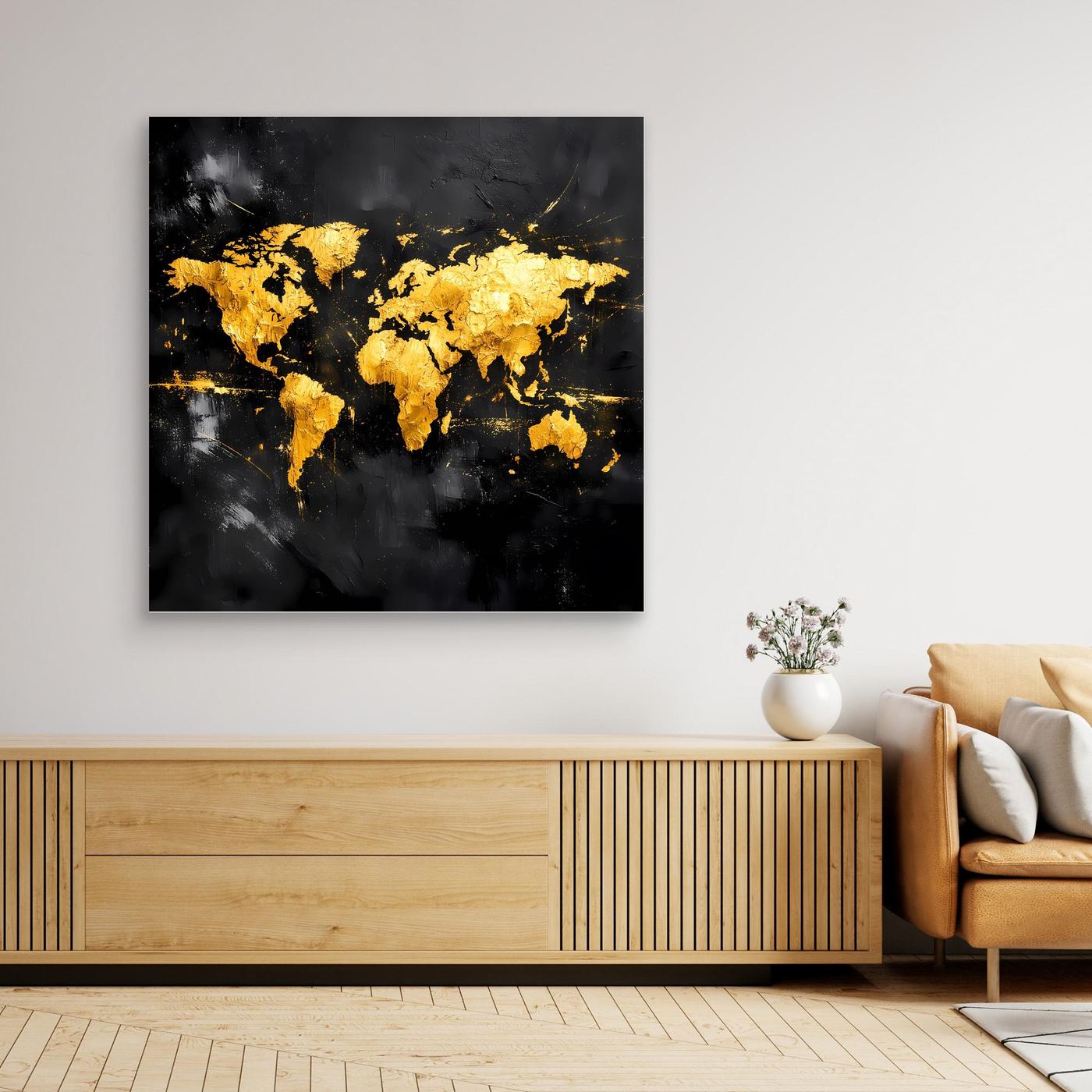 Leinwand Elegante Weltkarte in Gold & Schwarz | Modernes Abstraktes Kontinenten Wandbild