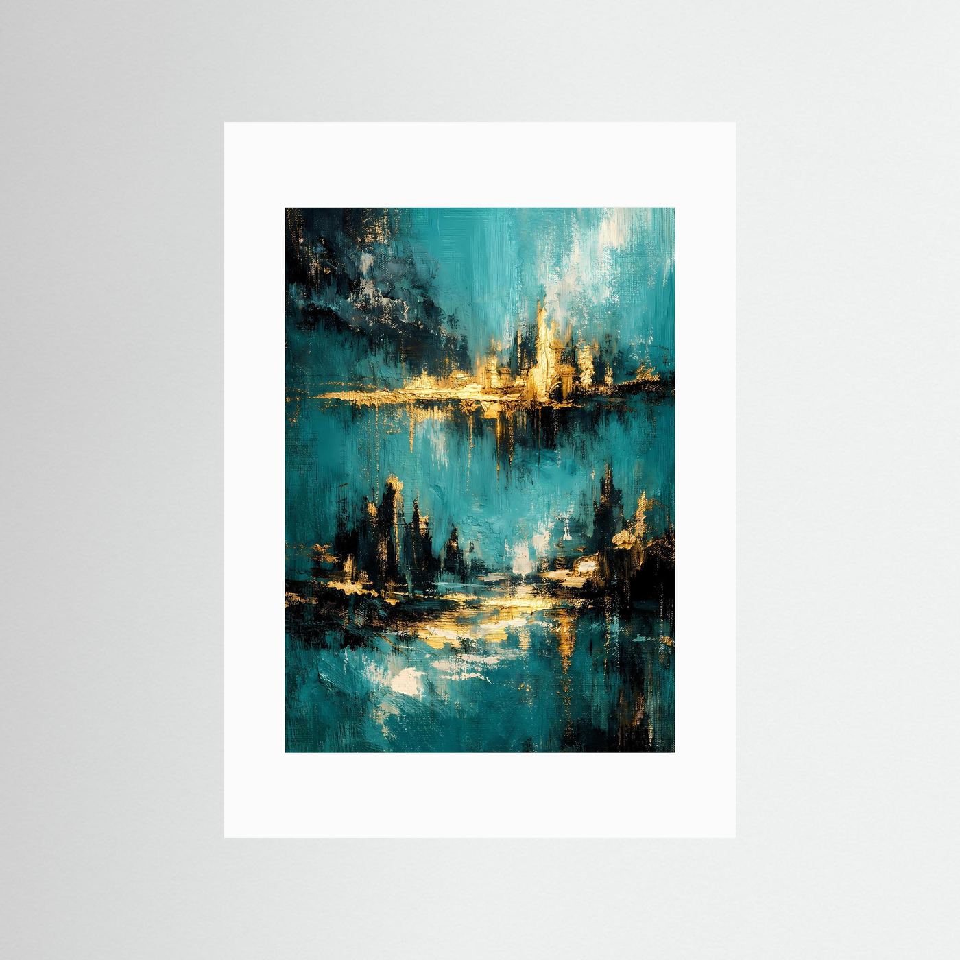 Abstraktes Meer-Poster mit weißem Passepartout, türkis und goldene Lichtpunkte