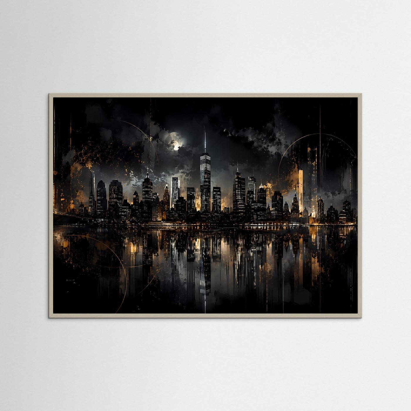 New York Skyline bei Nacht in Schwarz & Gold | Abstrakte City Wandkunst