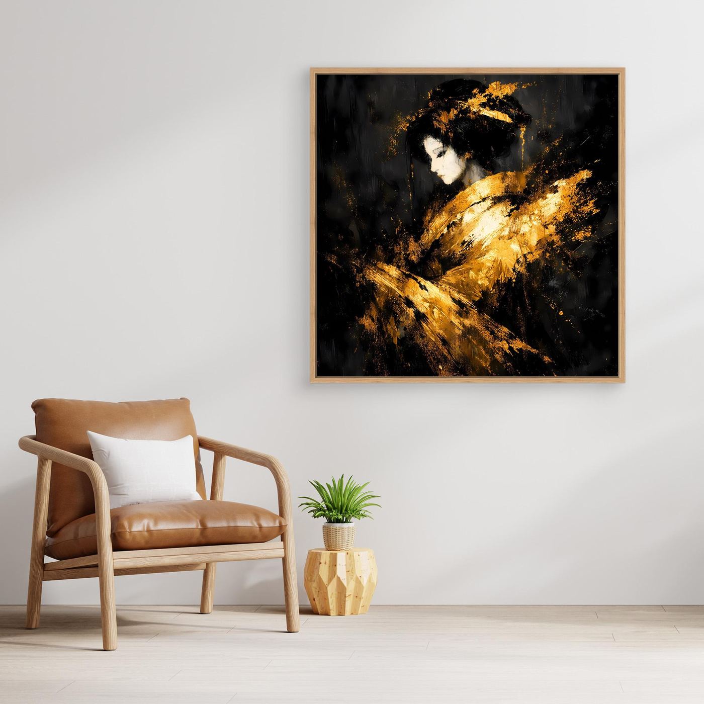 Leinwand Elegante Goldene Geisha | Abstraktes Asiatisches Wandbild